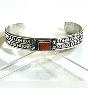Signed - Aaron Toadlena, Navajo. Vintage Sterling Silver Red Coral Stamped Cuff